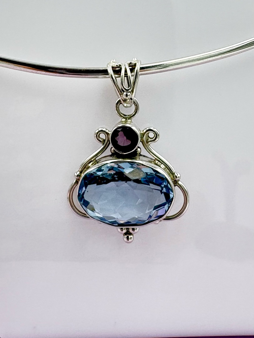 Elegant 925 Silver 10 CT Faceted Aquamarine & Amethyst Pendant - (Pendant Only)